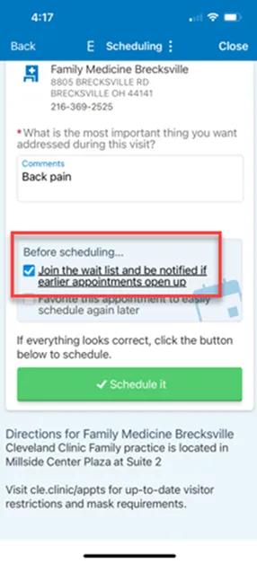Join the wait list and be notified if earlier appointments open up