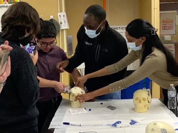 Students practice boring holes into skulls.