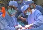Dr. Hashimoto, right, transplanting the liver segment.