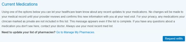 Current medications field listed in MyChart.