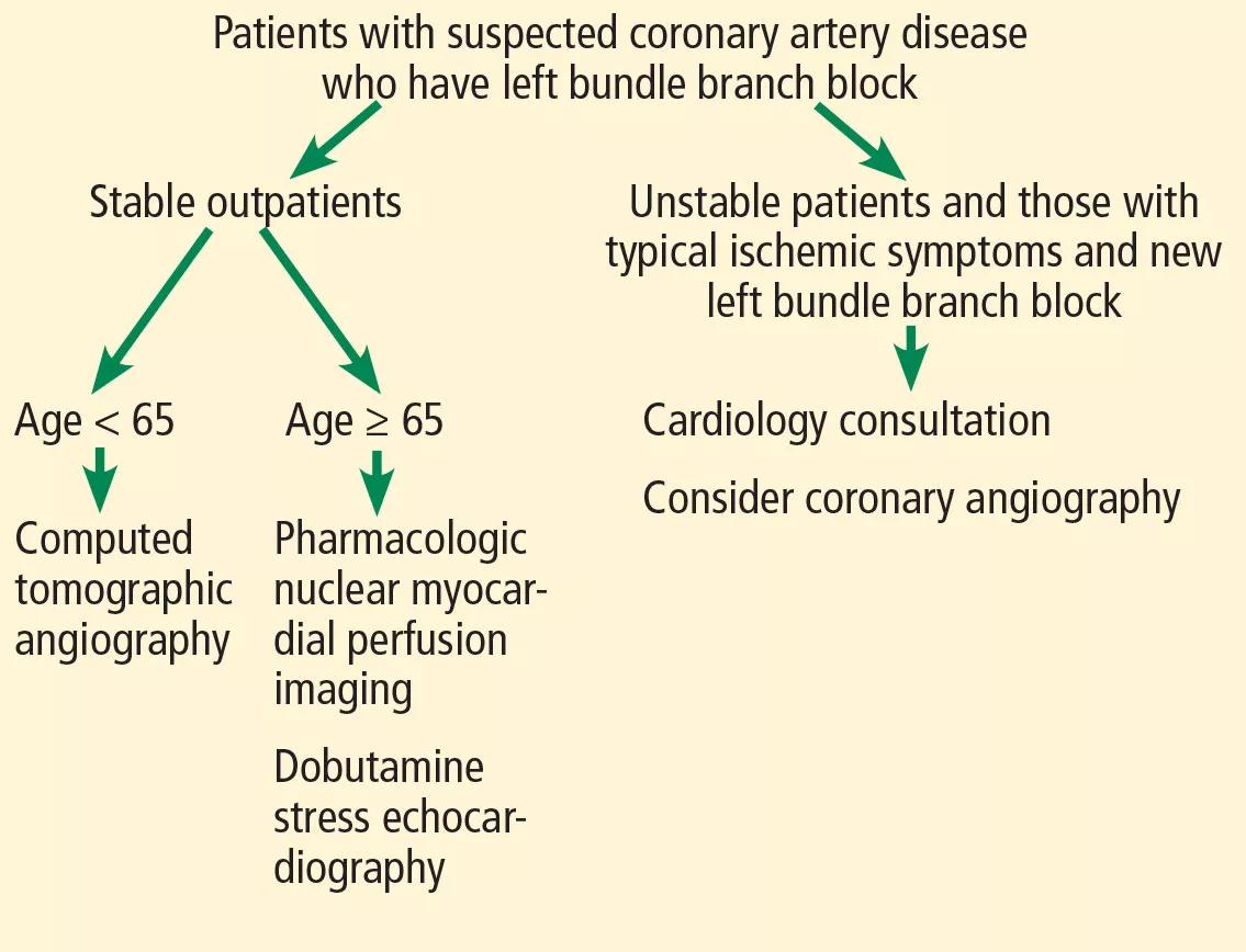 Diagnostic pathway for patients with suspected obstructive coronary artery disease and resting left bundle branch block.