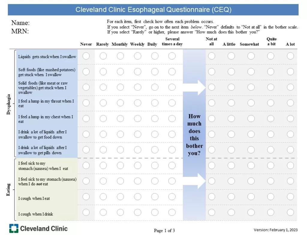 excerpt of a patient-reported symptom questionnaire