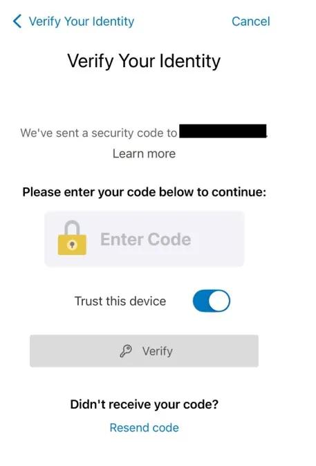 MyChart screen prompting the user to enter the security code sent