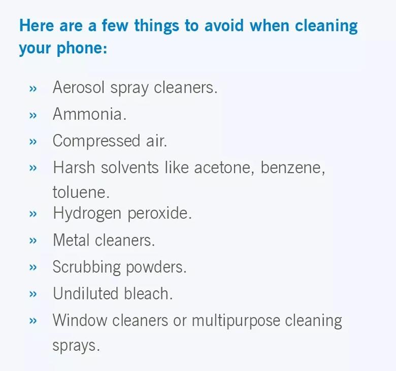 list of cleaners to avoid when sanitizing your phone 