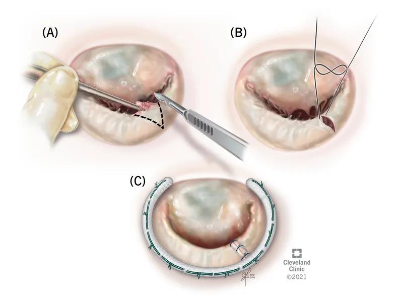 three-panel illustration of a mitral valve operation