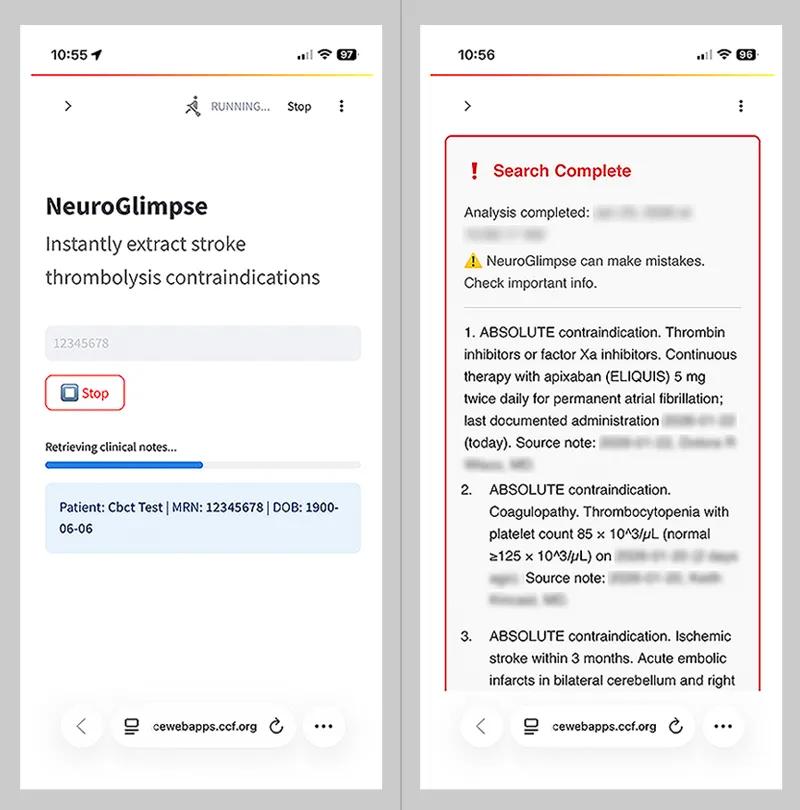 two screenshots of a medical app side by side