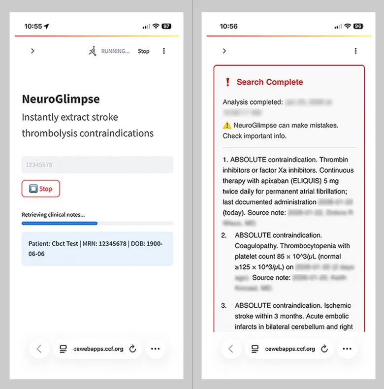 two screenshots of a medical app side by side