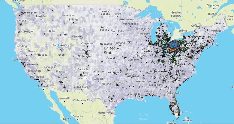 map of U.S. with countless dispersed dots