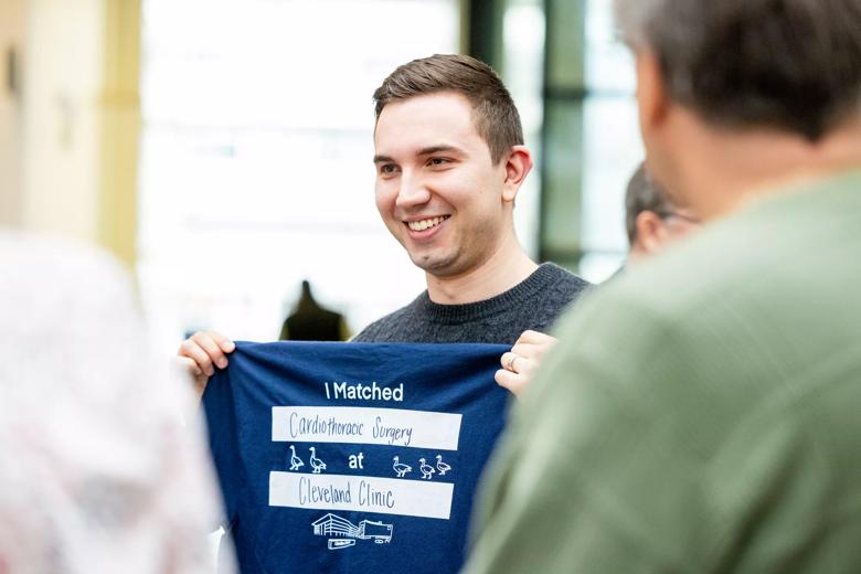 CCLCM student sharing his MATCH results on a t-shirt.