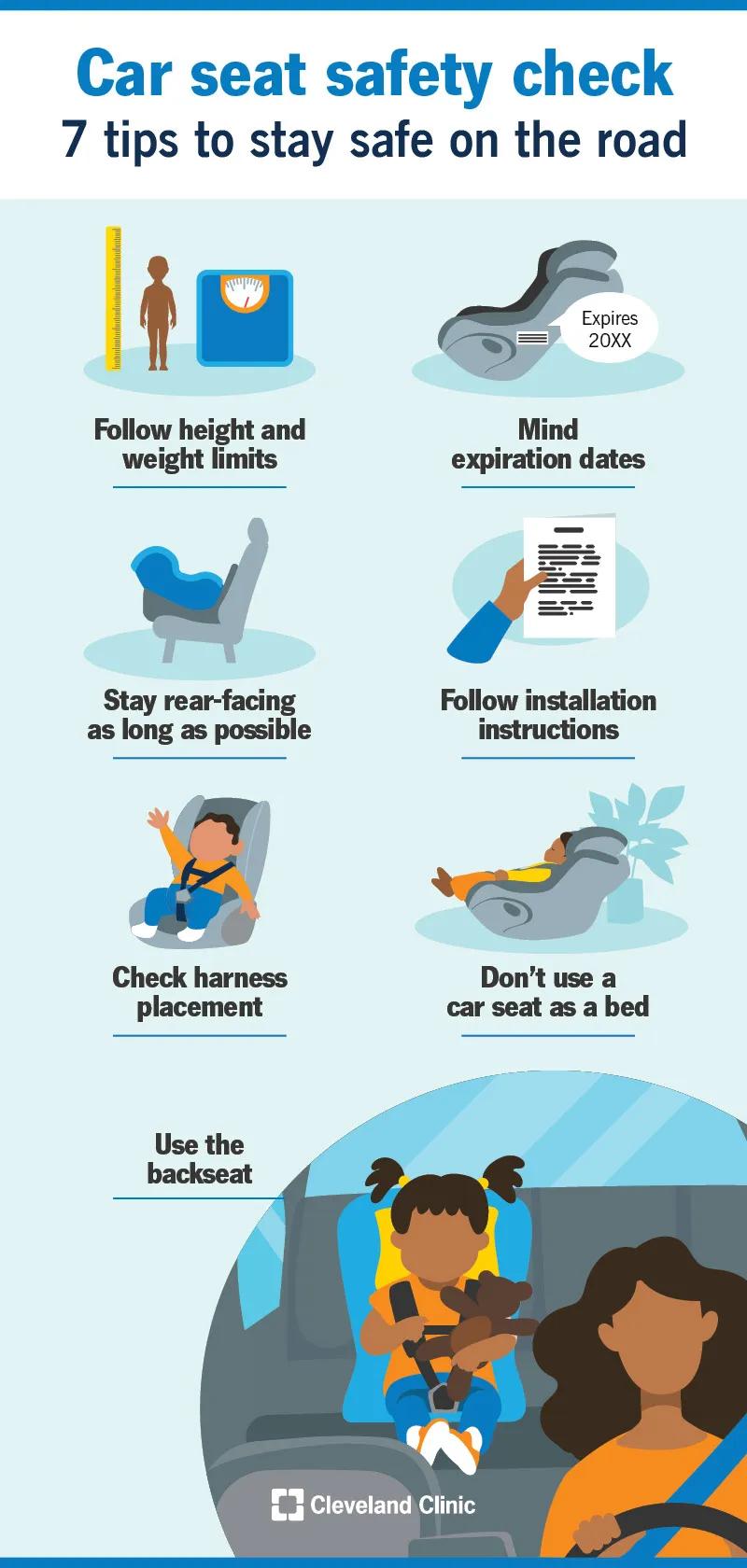 Tips for car seat safety, including following installation instructions and height and weight limits