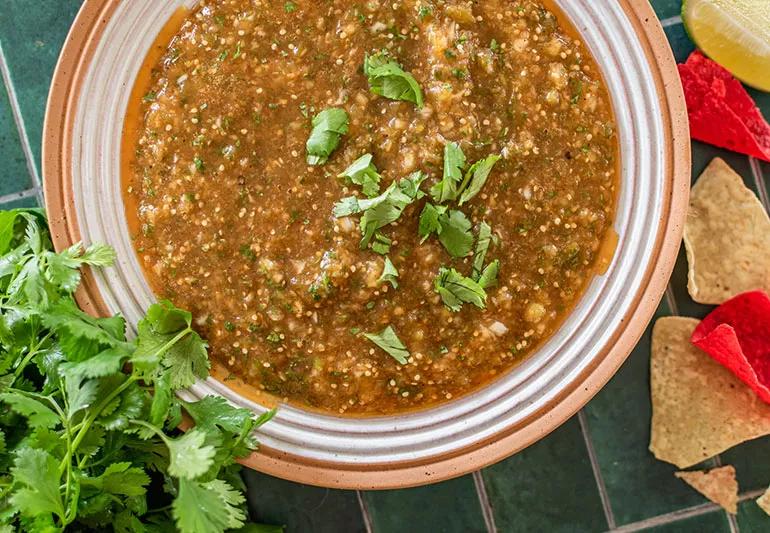 A bowl of salsa with tortilla chips ready to dip