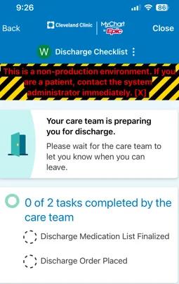 A screenshot of the discharge checklist in the MyChart app.
