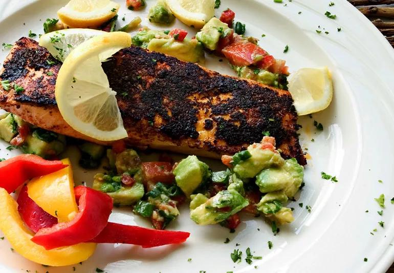 Blackened salmon with avocados