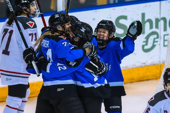 Hockey players celebrate.