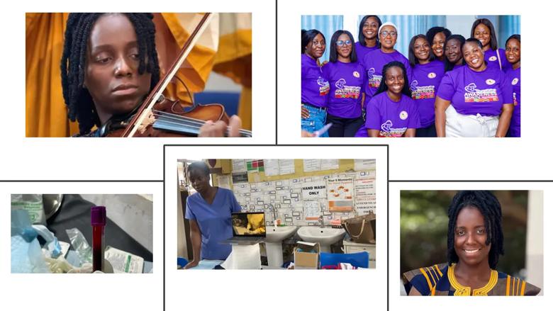 A collage of photos of Akua Abrah from her time in Ghana.