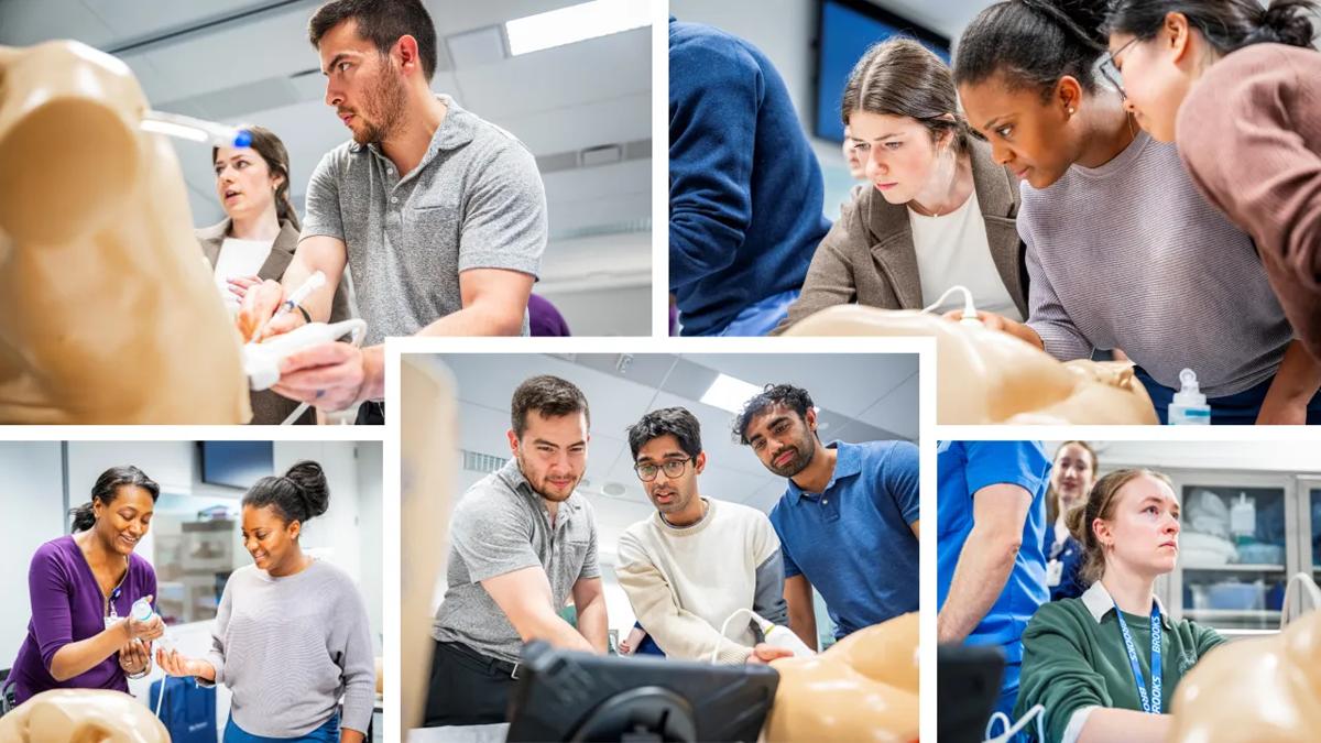Several CCLCM students practicing patient testing and diagnostics in a skilled lab environment.