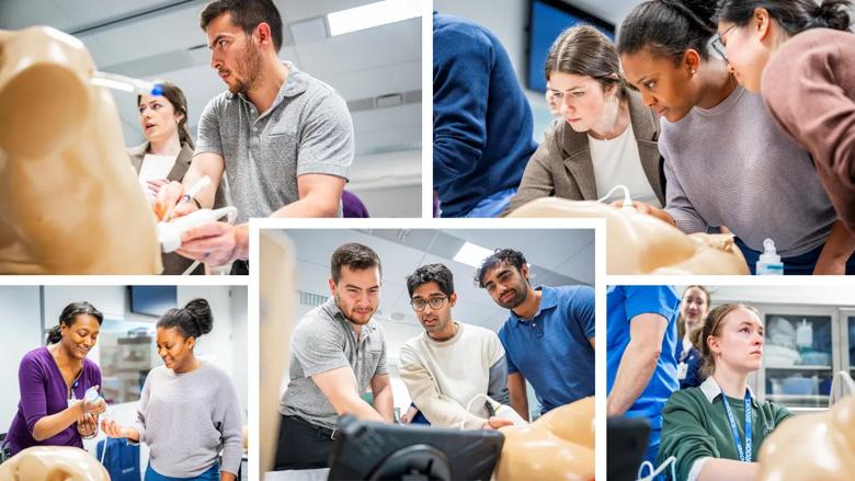 Several CCLCM students practicing patient testing and diagnostics in a skilled lab environment.