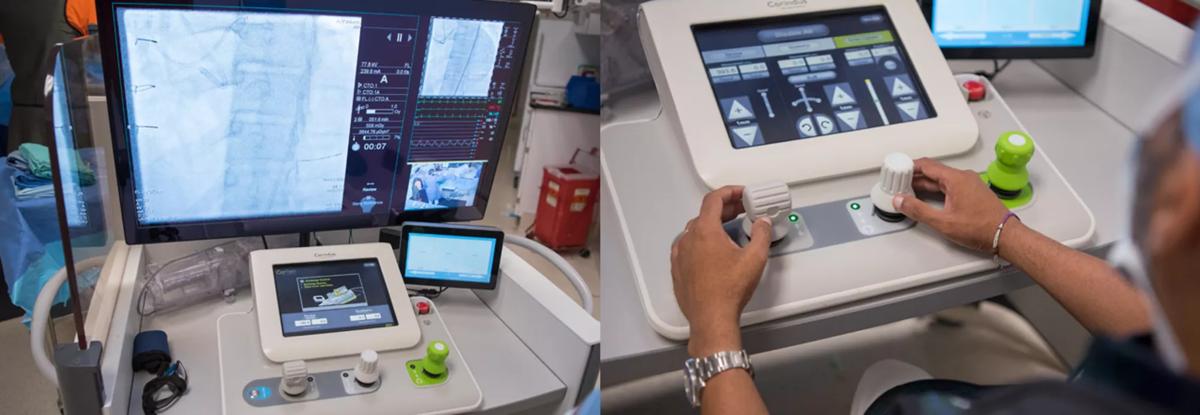 The robotic system’s radiation-shielded cockpit on the left. Right: Dr. Khatri operating the remote control panel.