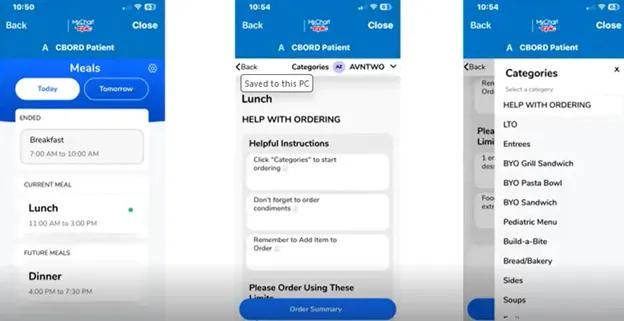 A series of screenshots of the CBORD app showing how to order food.