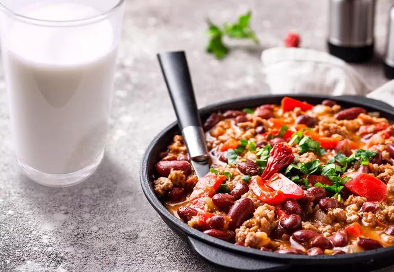 spicey chili with a glass of milk