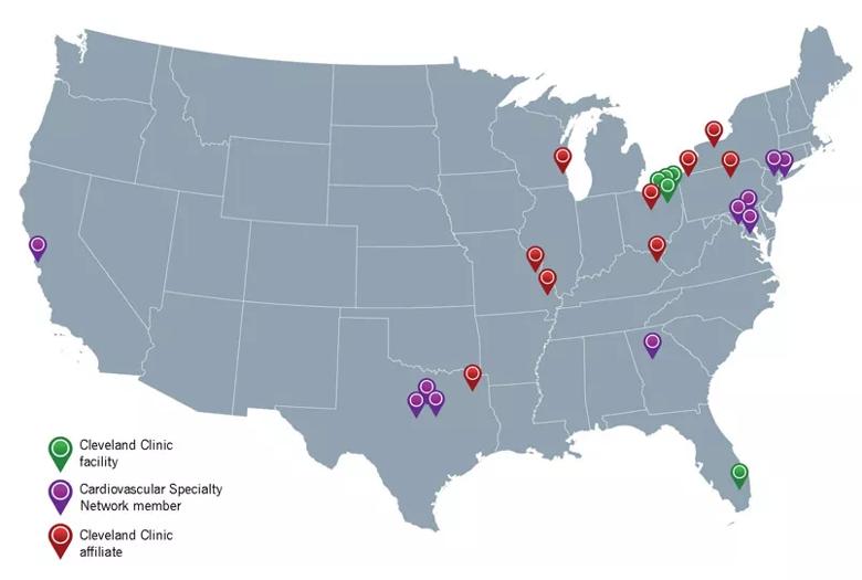 Cleveland Clinic has partnered with hospitals and health systems across the U.S. to promote improved clinical and operational aspects of cardiovascular care, including the provision of second-opinion case reviews. This map shows locations of current affiliated provider organizations (such as UPMC Susquehanna) as well as members of Cleveland Clinic’s Cardiovascular Specialty Network, a coalition of provider organizations that have entered into deeper collaborative relationships with Cleveland Clinic.