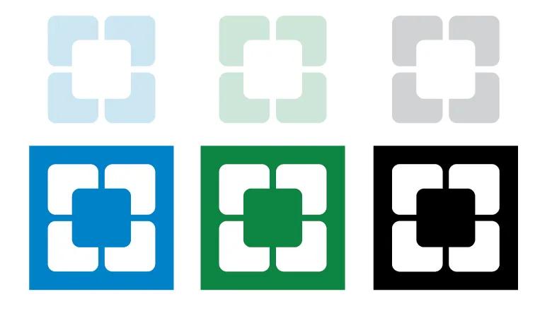 Supergraphic logo in one color with blue, green and black backgrounds