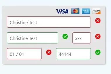 Red x alerts when entering payment method fields.
