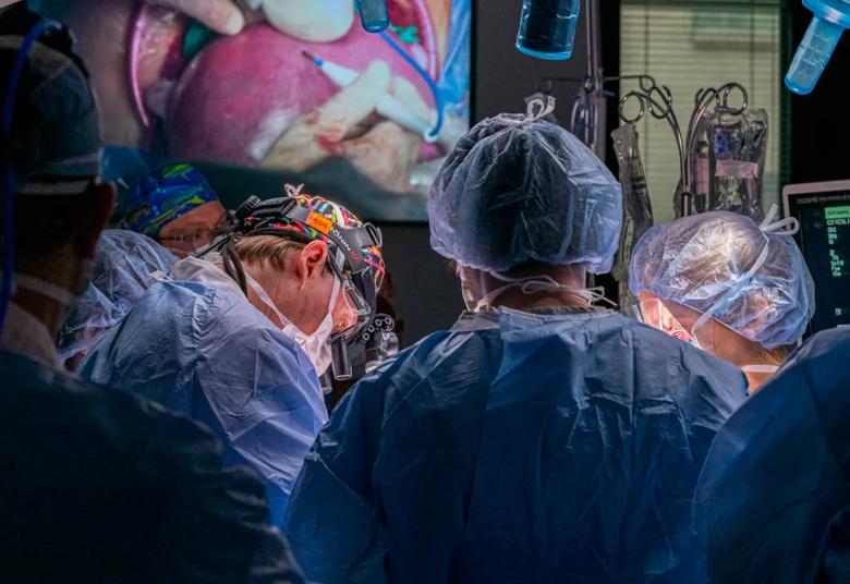 Dr. Cass marks the placenta location and plans the opening of the uterine wall.