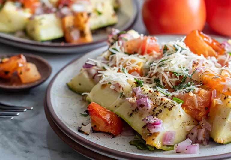 Roasted garlic, tomato and zucchini bake