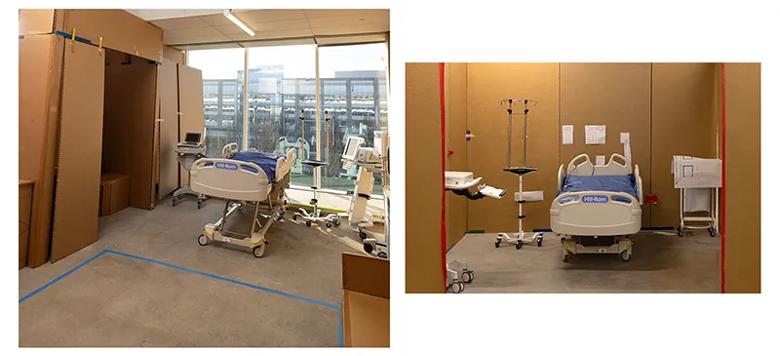two photos of cardboard mockups of hospital rooms