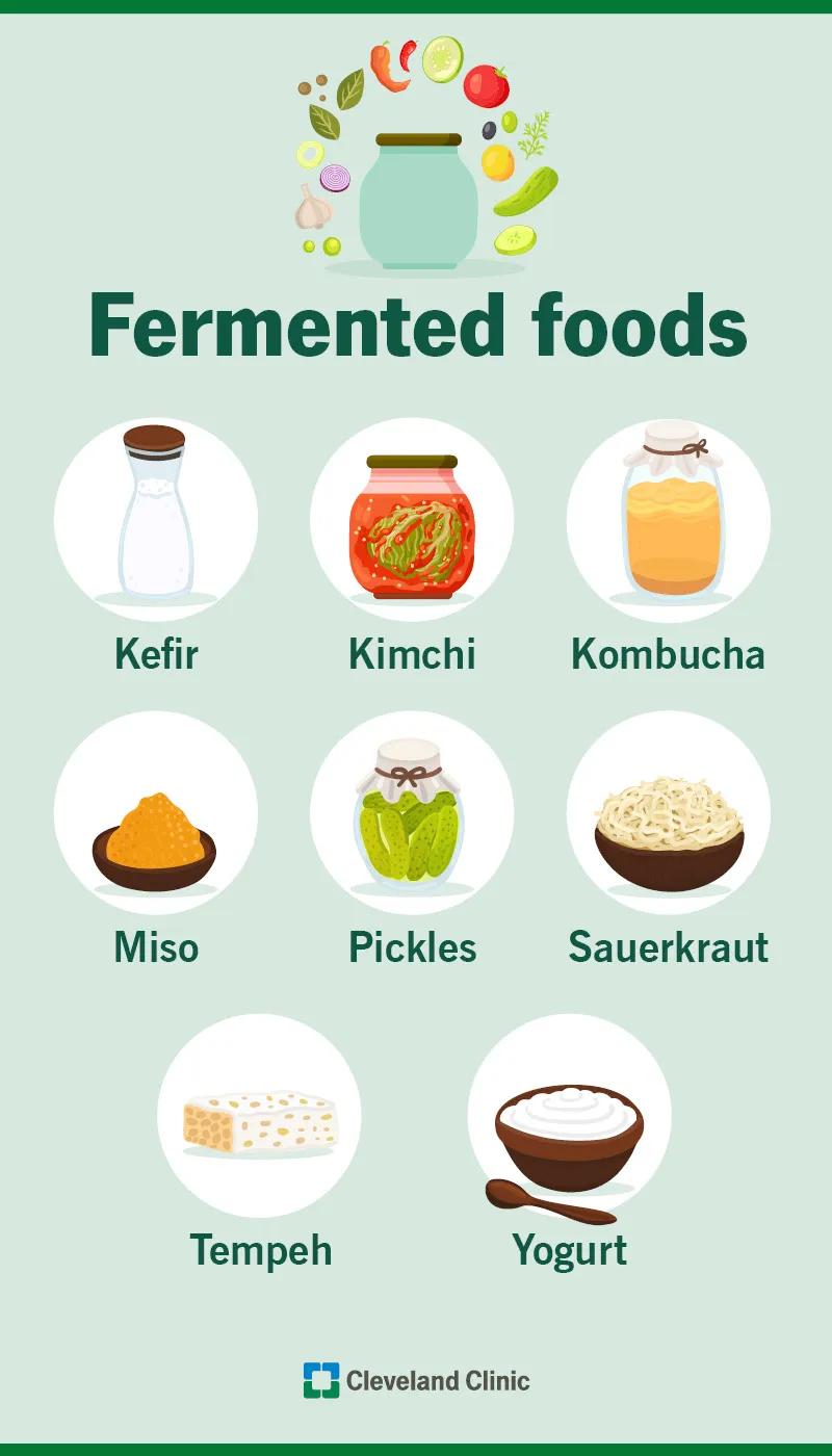 Variety of fermented foods, like kefir, miso and yogurt