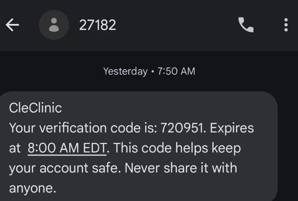Text message from MyChart showing the security code for login