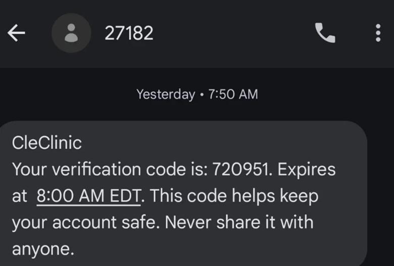 Text message from MyChart showing the security code for login