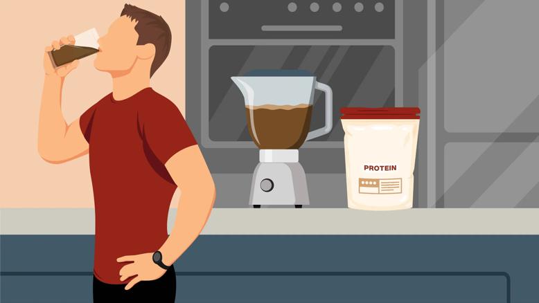 Person drinking a protein powder smoothie, with smoothie in blender and tub of powder on counter
