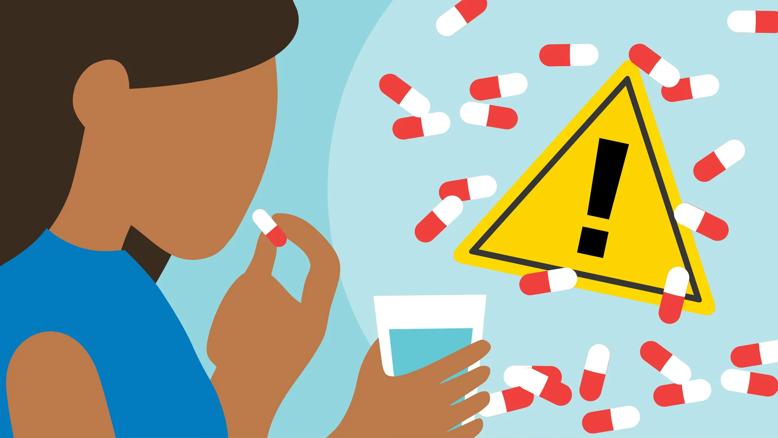 Person holding glass of water, about to take a medication capsule, with many floating capsules and exclamation point nearby