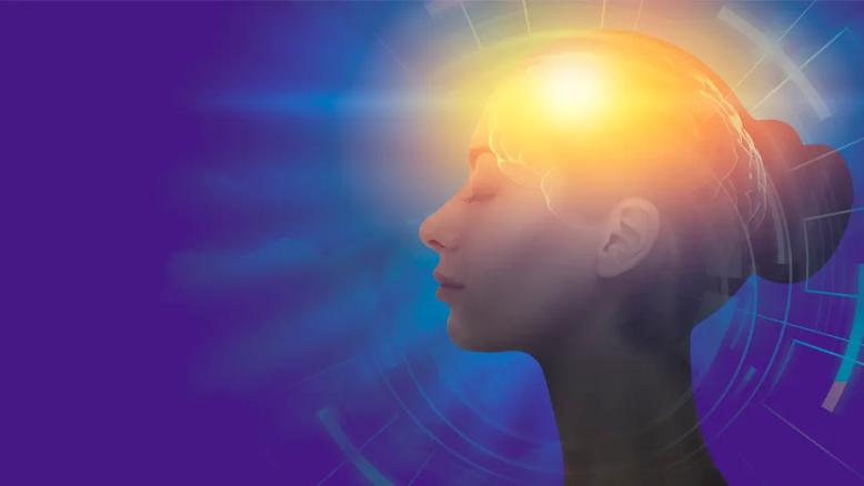 Illustration of  a woman's head and a glow where the brain would be