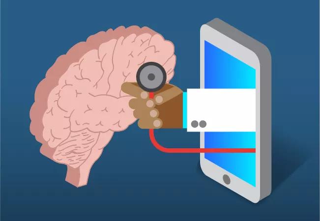 doctor's hand with stethoscope reaching from mobile phone toward a brain