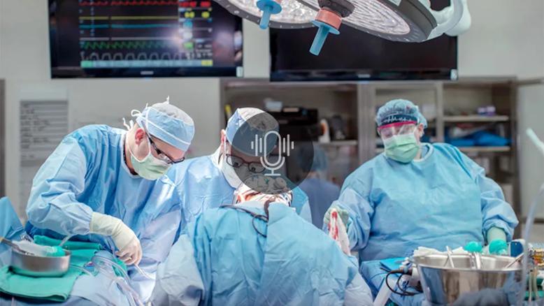 surgical team in an operating room with a podcast button overlay