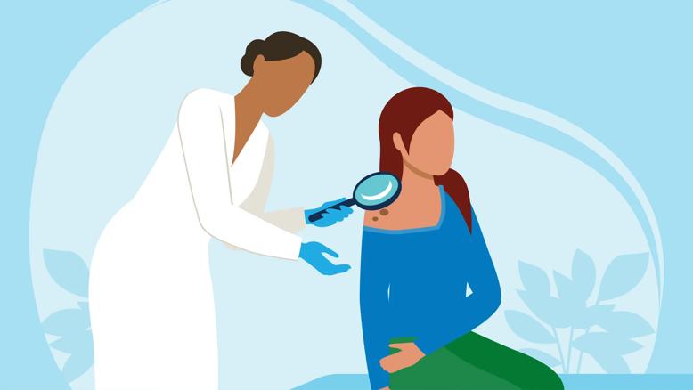 Healthcare provider checking moles on person's shoulder