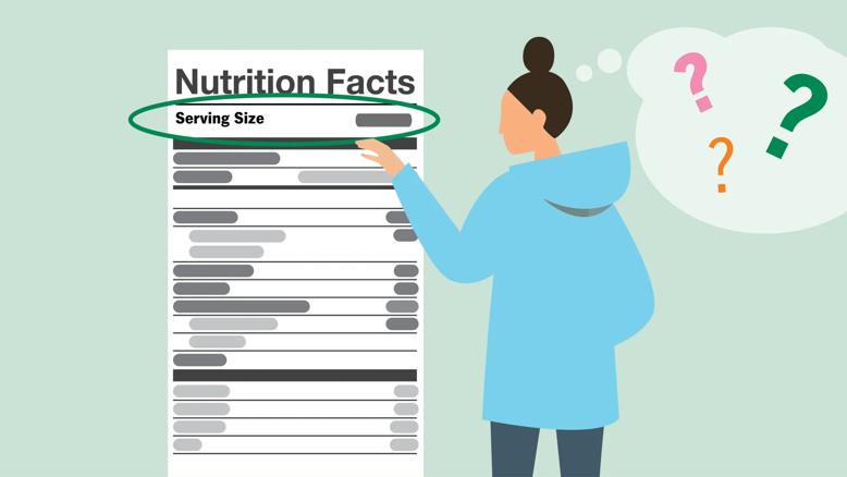 Person scrutinizing serving size on an oversized nutrition label