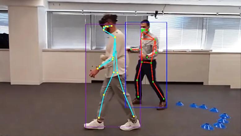person walking with a stick-figure overlay on his body
