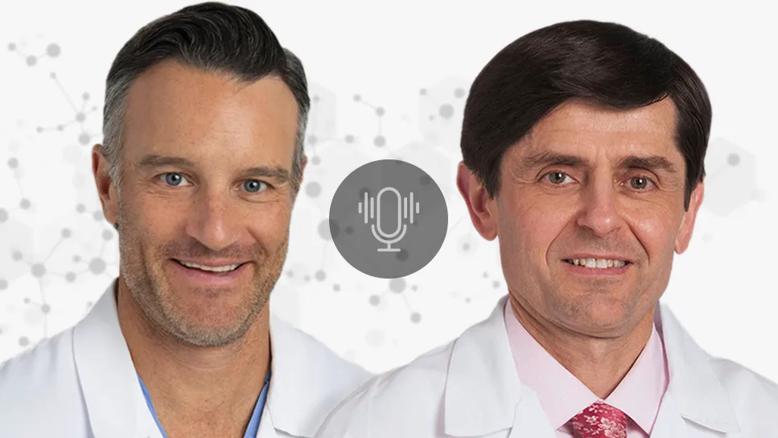 portraits of dr. mark bain and dr. francois bethoux against decorative background