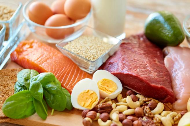 Healthy protein foods, including nuts, seeds, fish, eggs and lean meats