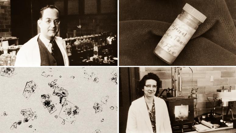 Images of Dr. Irvine Page, Dr. Arda Green, a vial of serotonin synthesized, and illustration of crystalline serotonin.