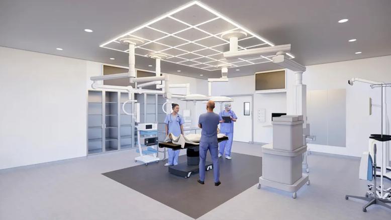three health professionals standing in a futuristic operating room