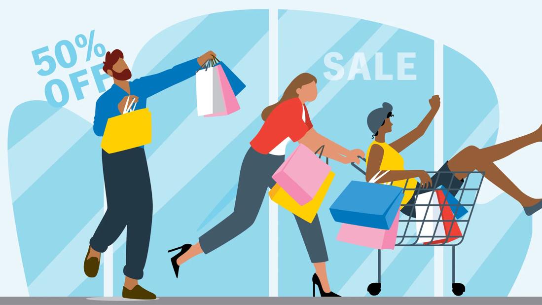 Person pushing another person in a shopping cart, laden with bags, with another person walking behind, heading to store sales