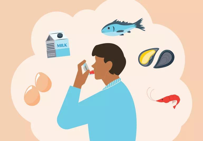 Illustration of person with inhaler surrounded by foods that may cause asthma