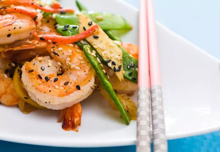 Recipe: Grilled Peanut Shrimp with Sesame Snow Peas