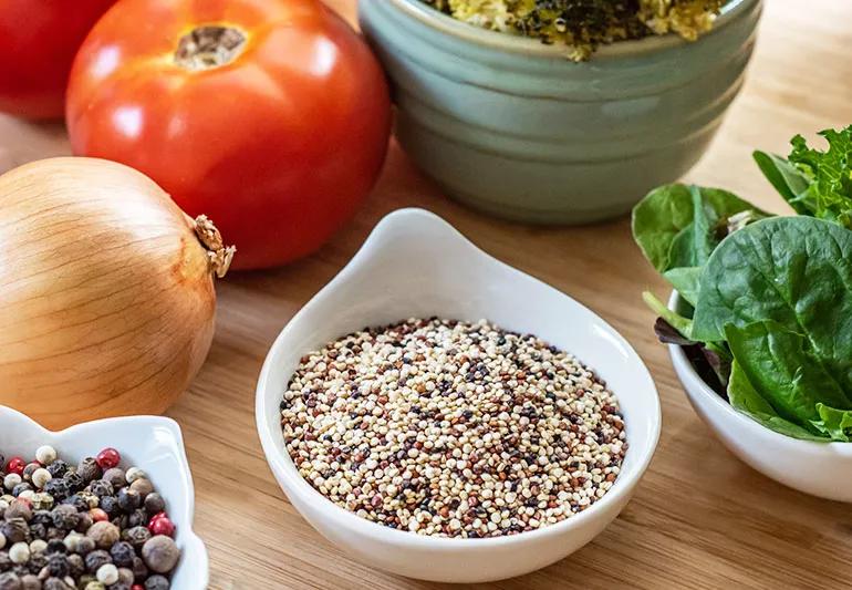 White bowl filled with multicolored uncooked quinoa surrounded by ragout ingredients