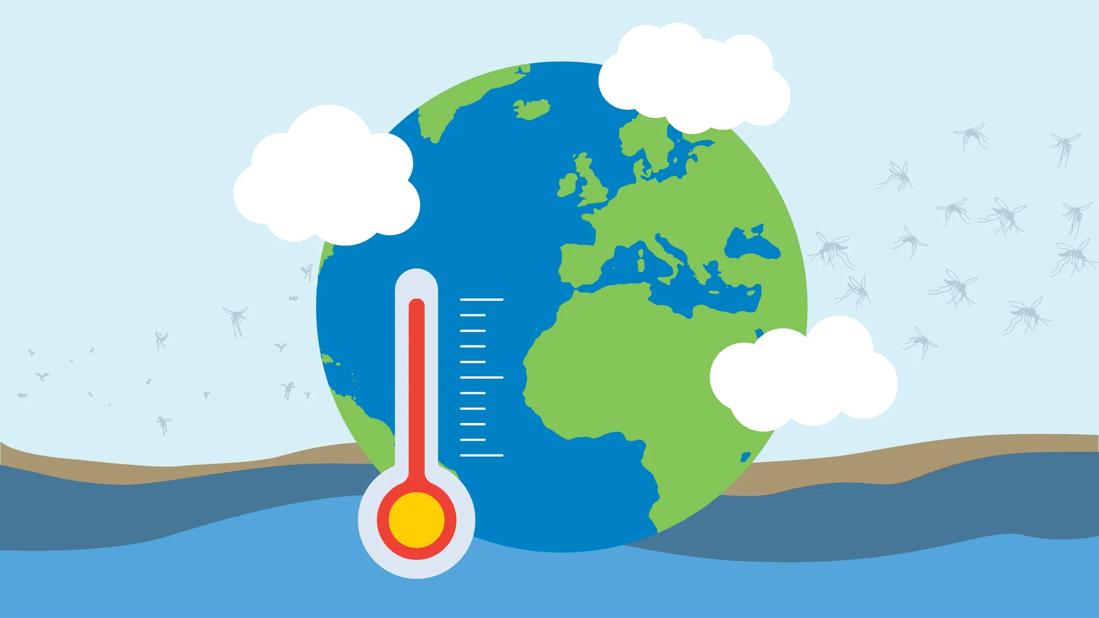 Oversized temperature guage in front of globe, with mosquitos and clouds around